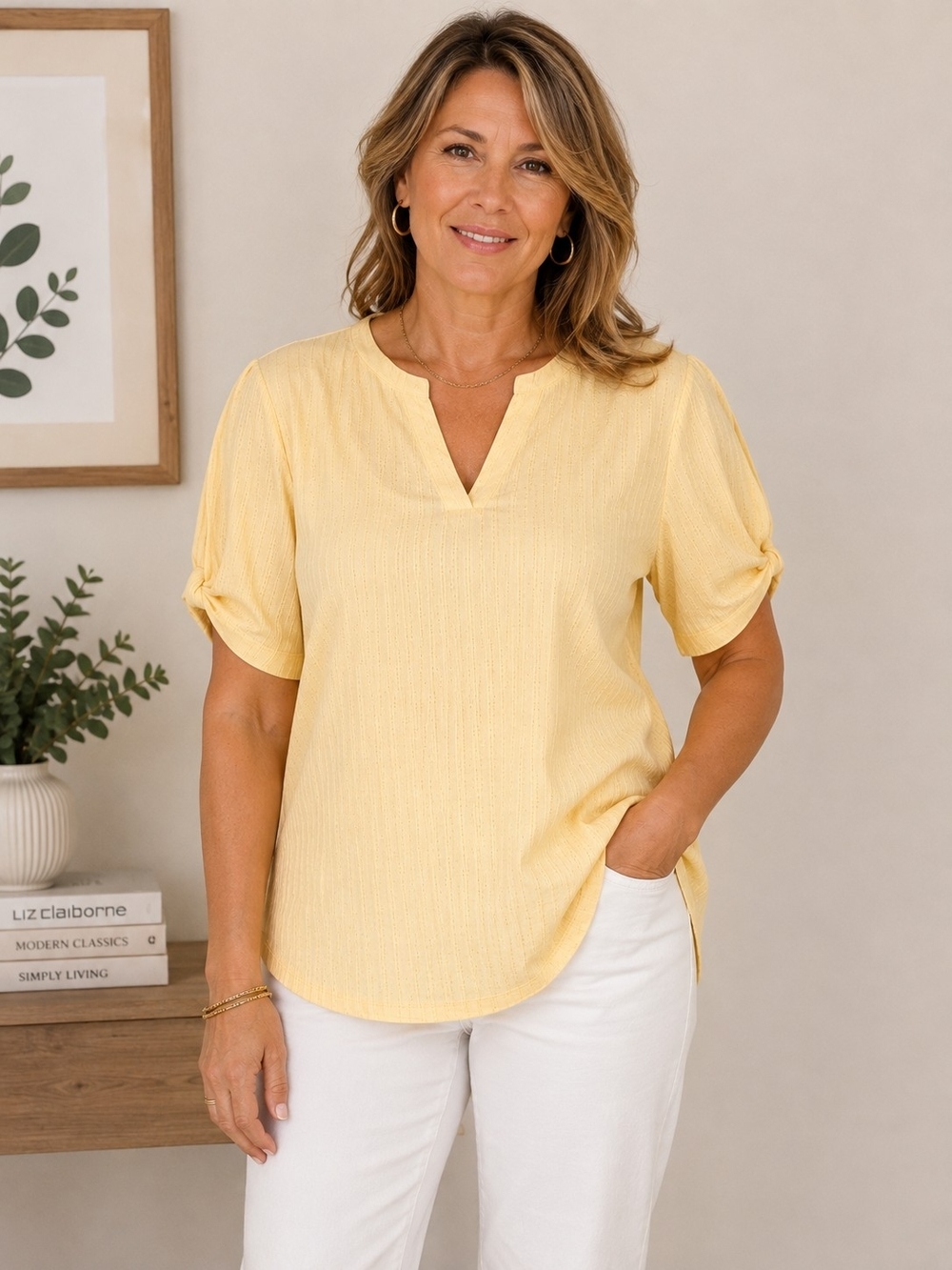 Liz Claiborne Yellow Textured V-Neck Twist Sleeve Top XXL